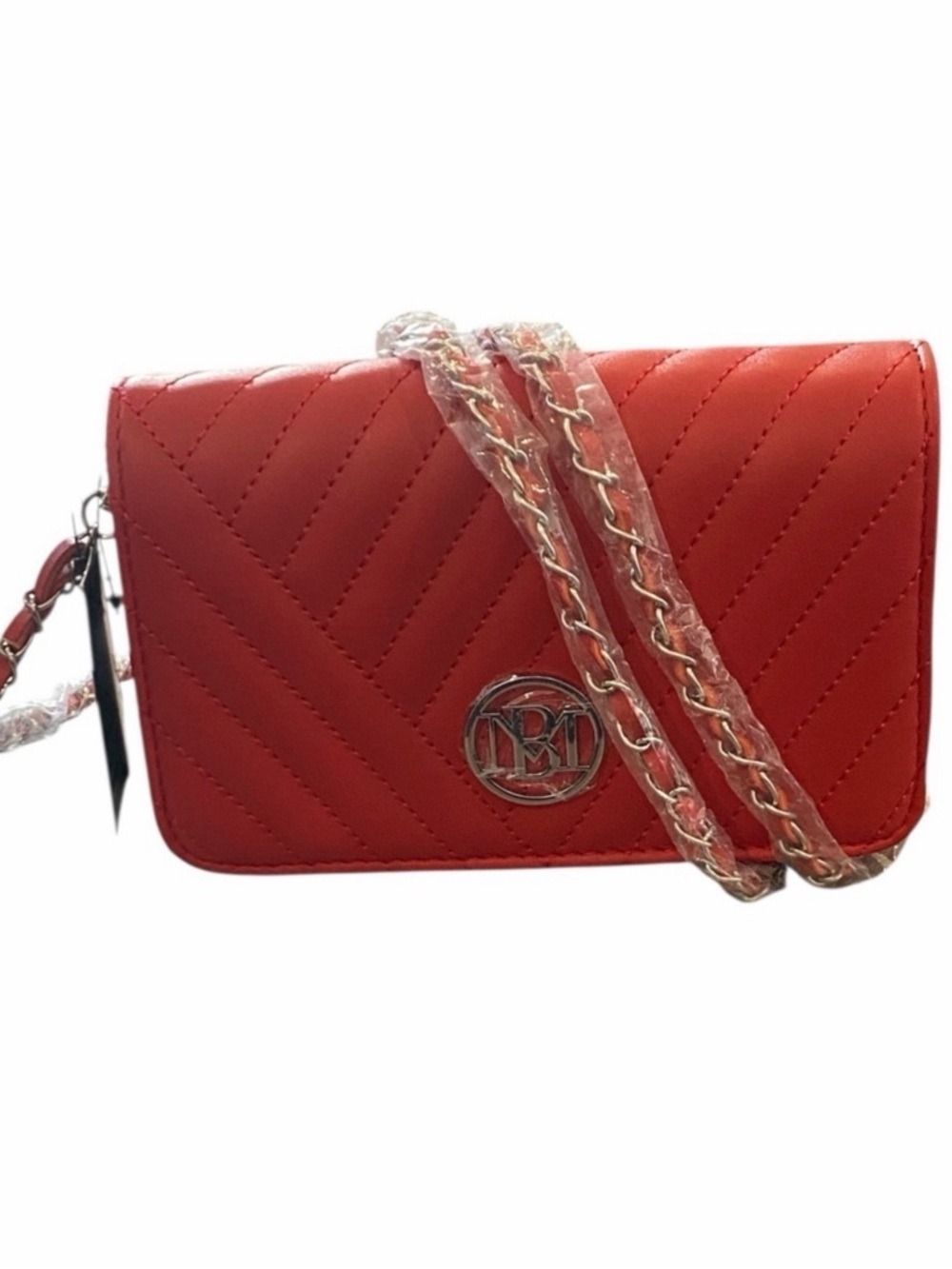 Badgley Mischka Studio Quilted Cherry Red Vegan Crossbody w chain/ fabric strap